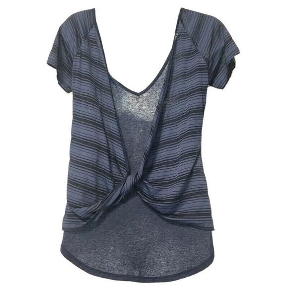 Athleta Navy Blue Stripe Short Sleeve Low Twist Back Top Shirt Size S - Picture 2 of 4